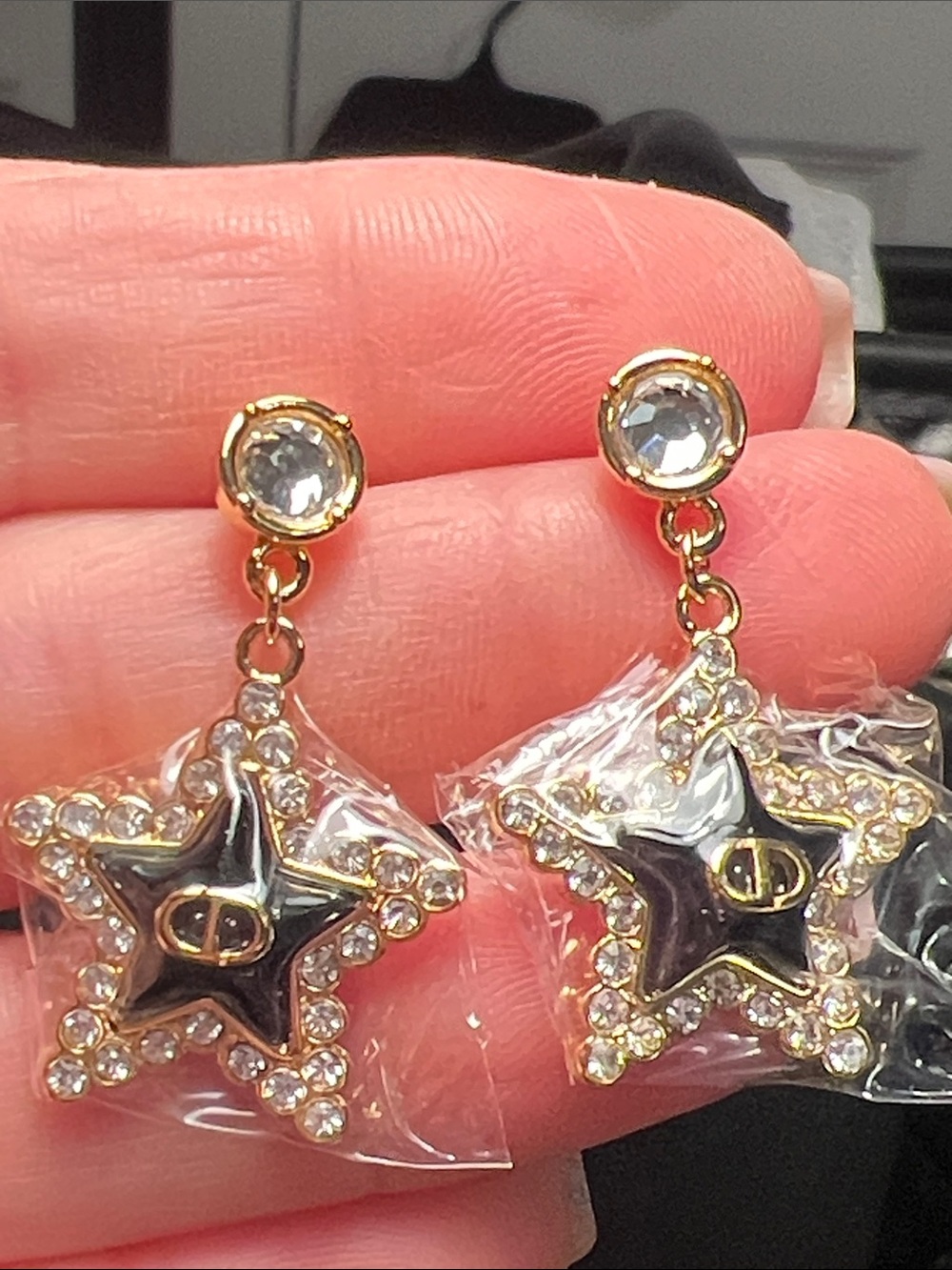 Tone Star Drop Earrings with Clear Crystal Accents